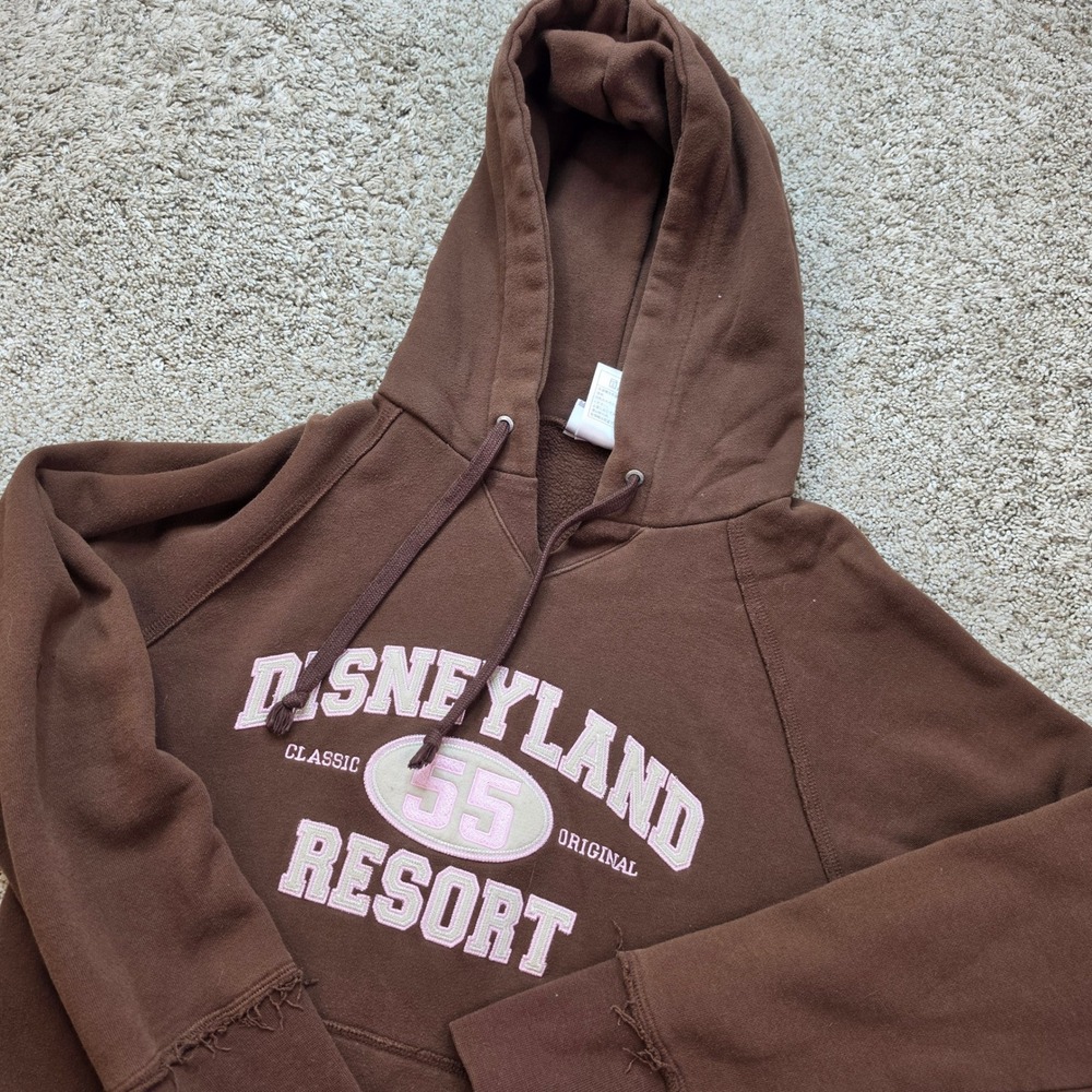 Disneyland Resort Hoodie Womens Medium Brown Pink Raw Hem Distressed Pullover